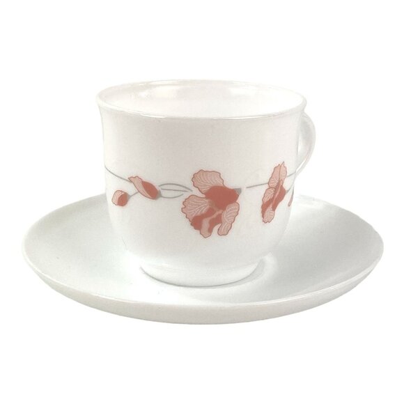Arcopal Linette Set of 4 Cup & Saucers France White Peach Flowers Gray Stems - Picture 6 of 6